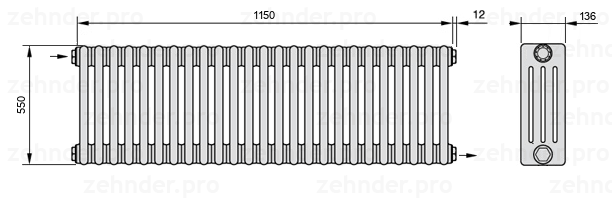 Схема (чертеж) Радиатор Zehnder Charleston 4055/25 №1670 Белый глянцевый RAL 9016